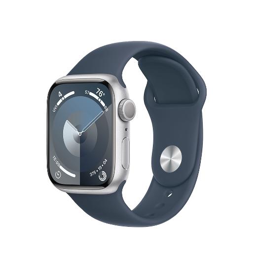 A /Apple Watch Series 9 GPS 41mm Silver Aluminium Case with Storm Blue Sport Band - S/M