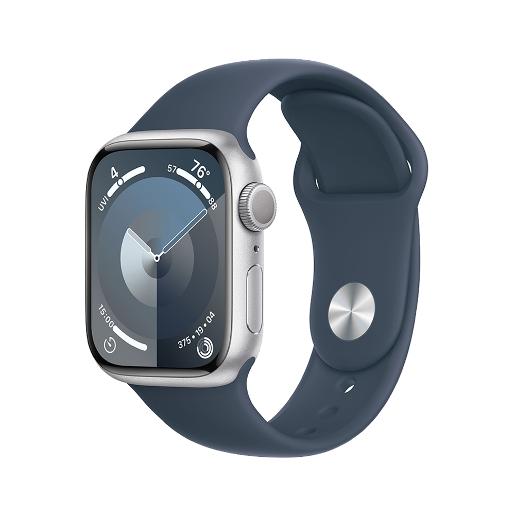 A /Apple Watch Series 9 GPS 45mm Silver Aluminium Case with Storm Blue Sport Band - M/L