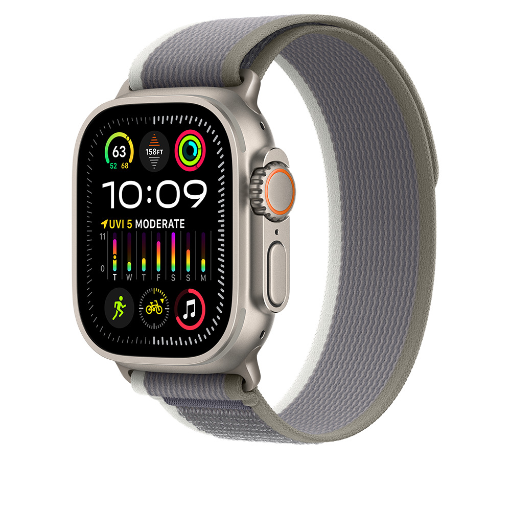 A /Apple Watch Ultra 2 GPS + Cellular, 49mm Titanium Case with Green/Grey Trail Loop - S/M