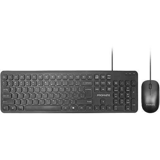 Promate COMBO-KM2 Wired Keyboard with 1200 DPI Mouse, 106-Keys Quiet