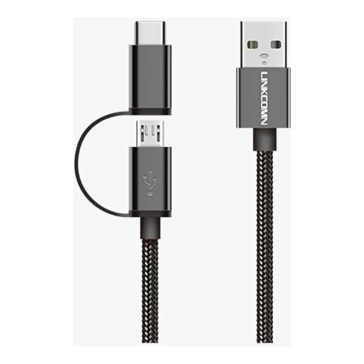 LINCOMN USB Type A to Micro USB / USB Type C 2 in 1 Cable Nylon Braided 1m
