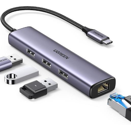 UGREEN USB-C to 3×USB-A 3.0 Hub Up to 5Gpbs + RJ45 (1000M) Ethernet Adapter (Aluminium Case)