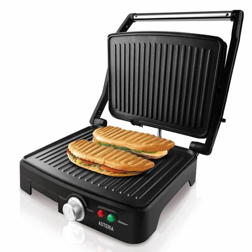 TAURUS Grill Steel 2200W Large Area 28 x 22 cm Opening 180 °C Non-Stick Coating